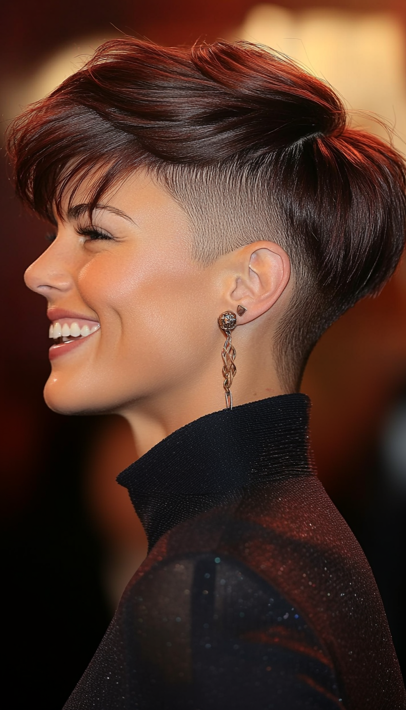 Mahogany undercut pixie with a long textured top, side view
