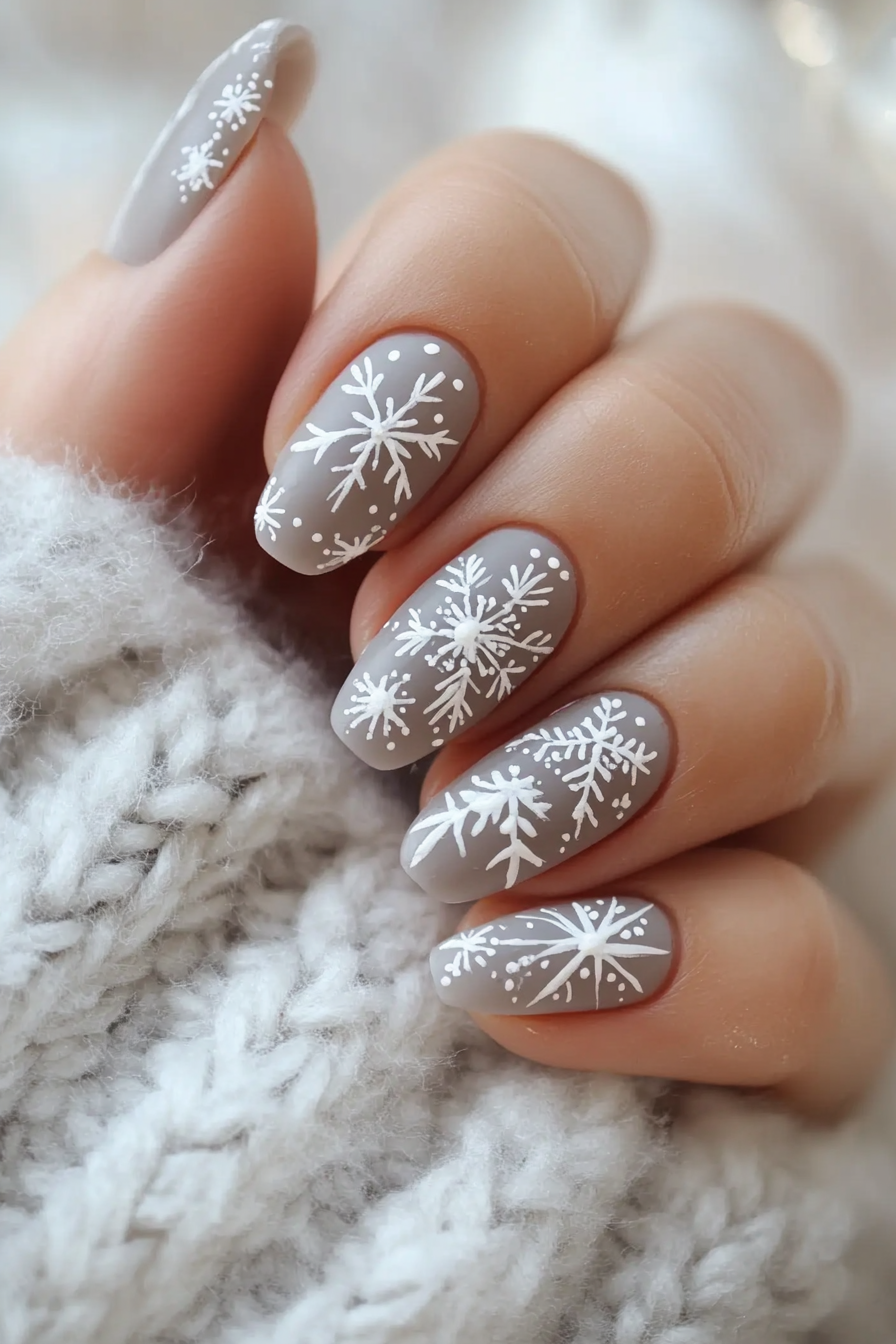 Matte gray almond nails with hand-drawn white snowflake art