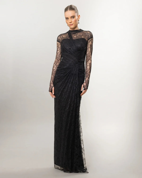 Black high-neck long-sleeve lace evening gown