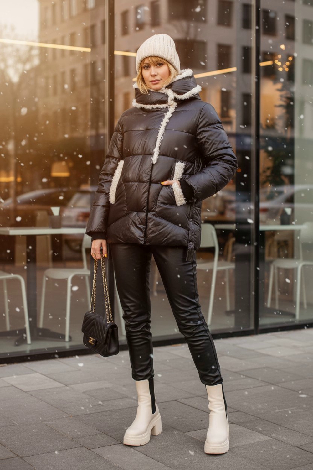 Woman in a black puffer coat with shearling trim, leather leggings and cream lug Chelsea boots in the snow