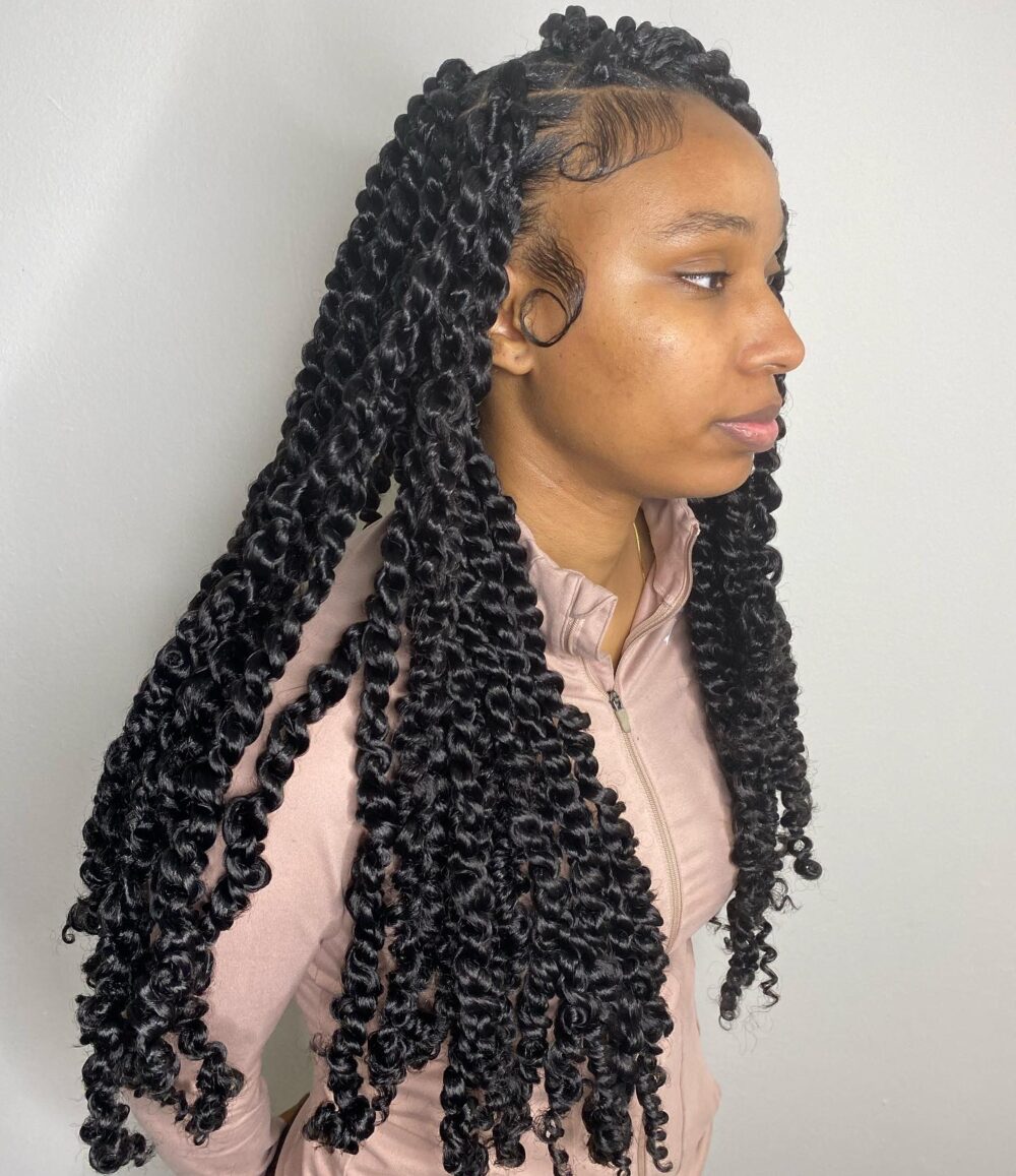 Long jumbo passion twists with curly texture