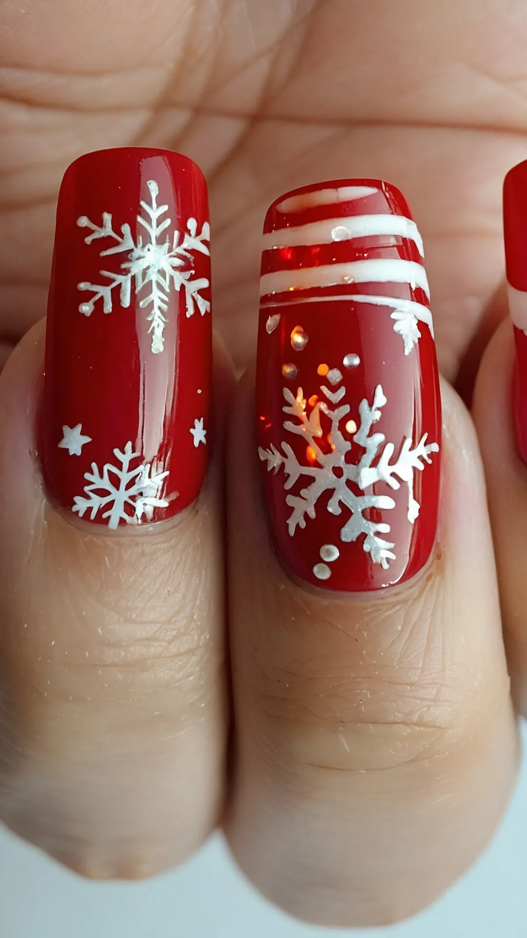 Deep red nails with white hand-painted snowflakes