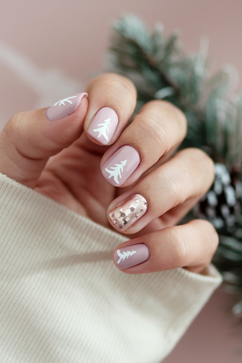 Short mauve pink Christmas nails with white pine tree art and rose gold glitter