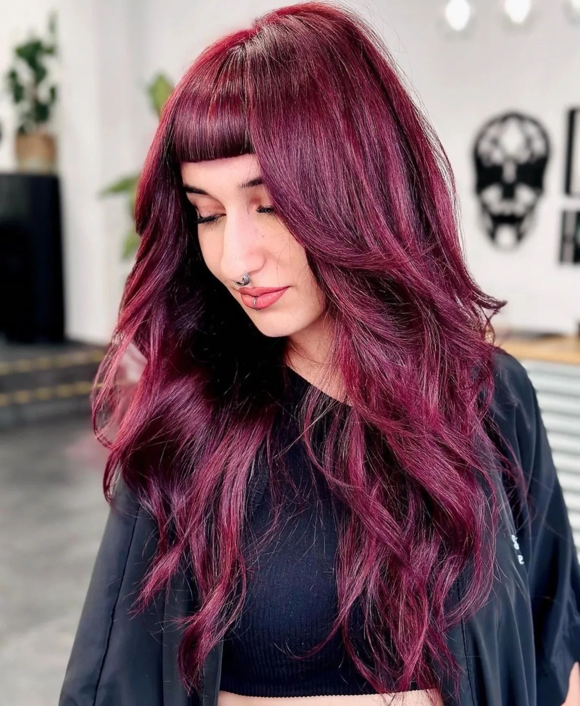 Burgundy chin-length shag with soft fringe