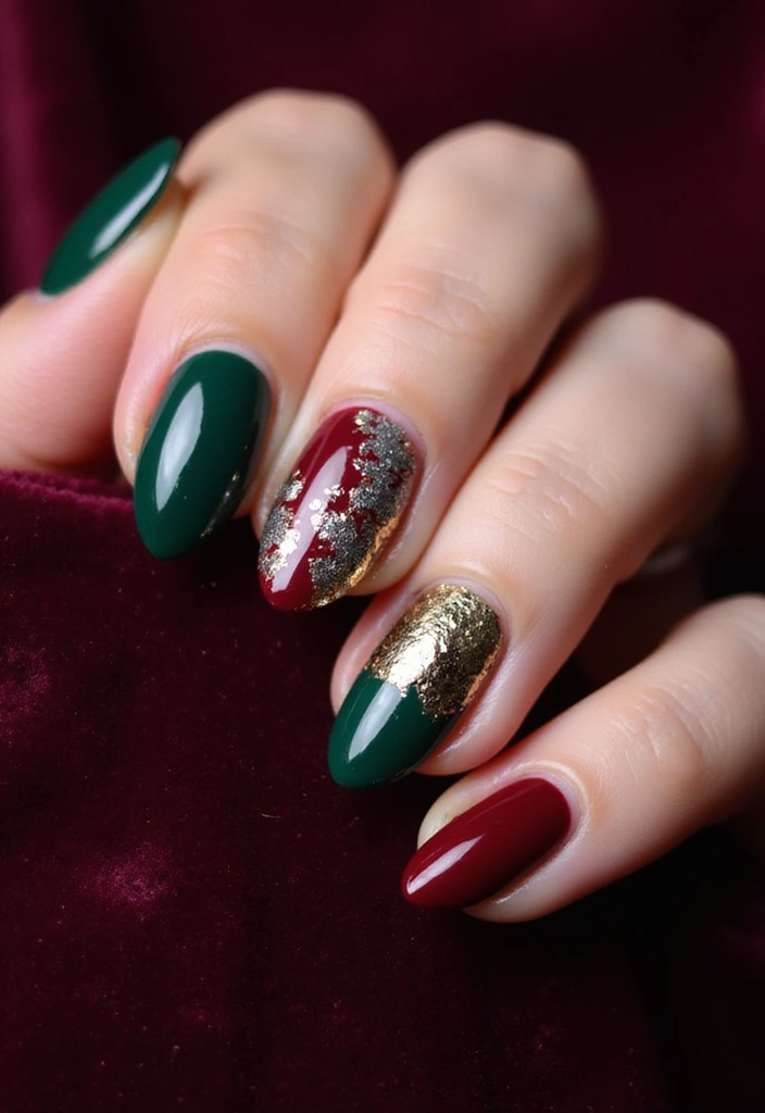 Short nails in deep forest green with gold foil accent edges