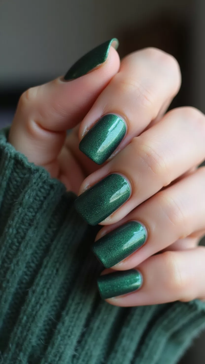 Short square nails in shimmering deep emerald green polish
