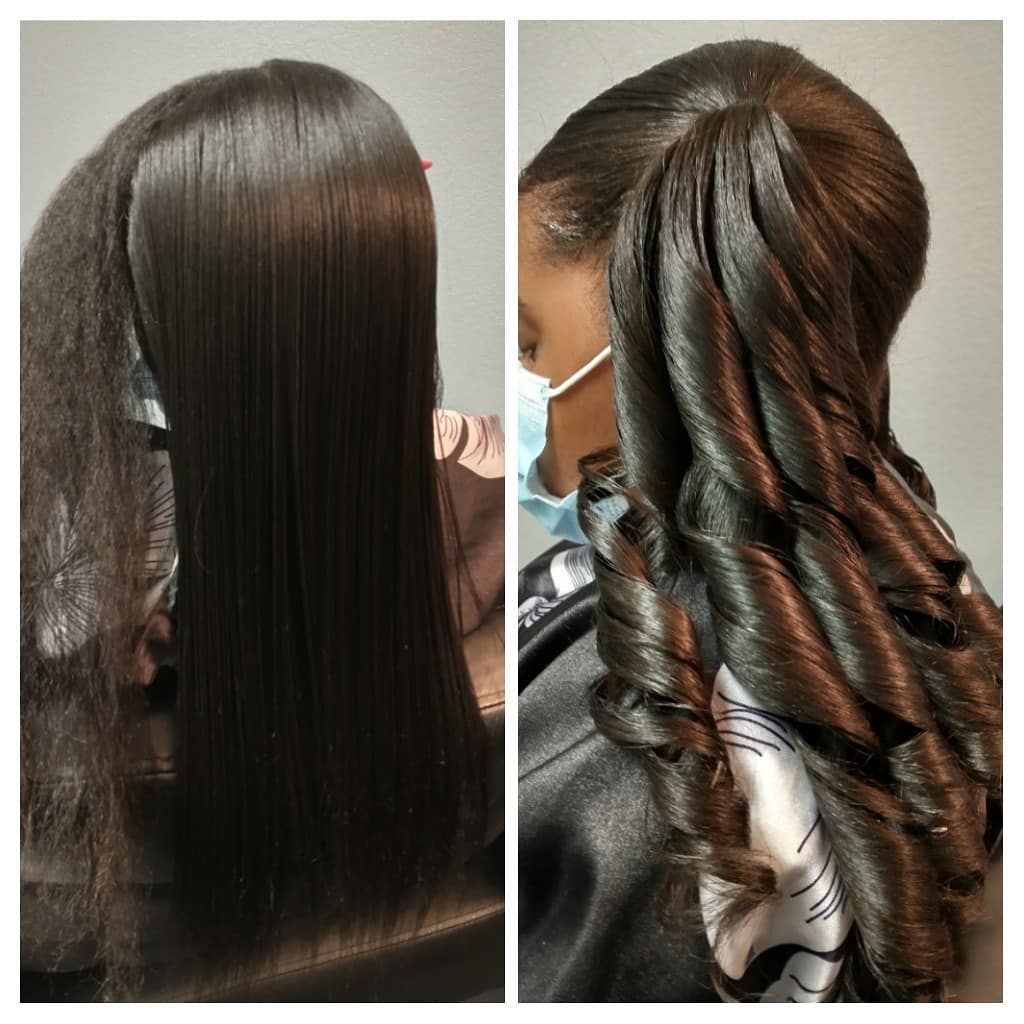 Salon silk press on long natural hair, sleek and straight
