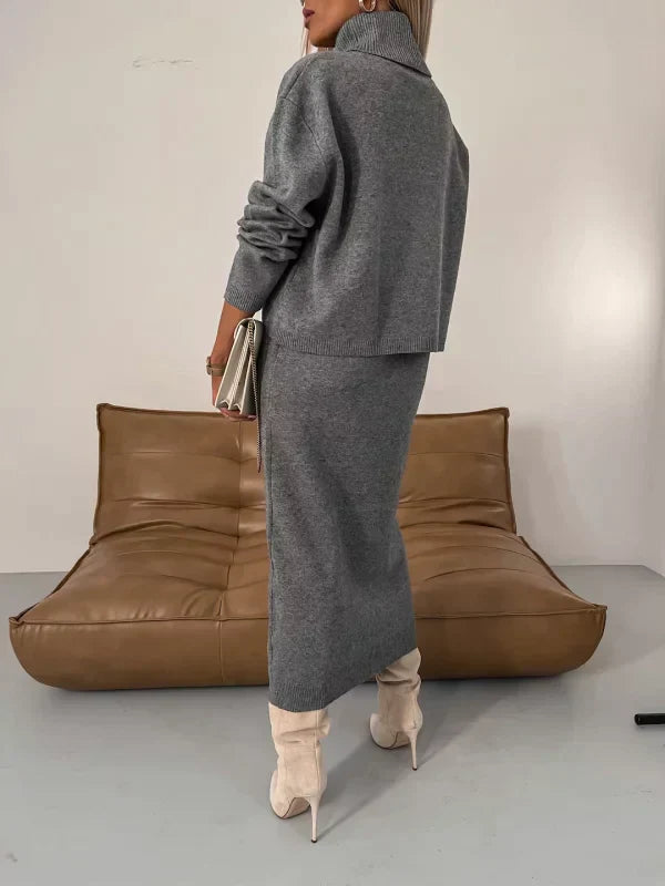 Grey knit midi skirt set with a cozy turtleneck top