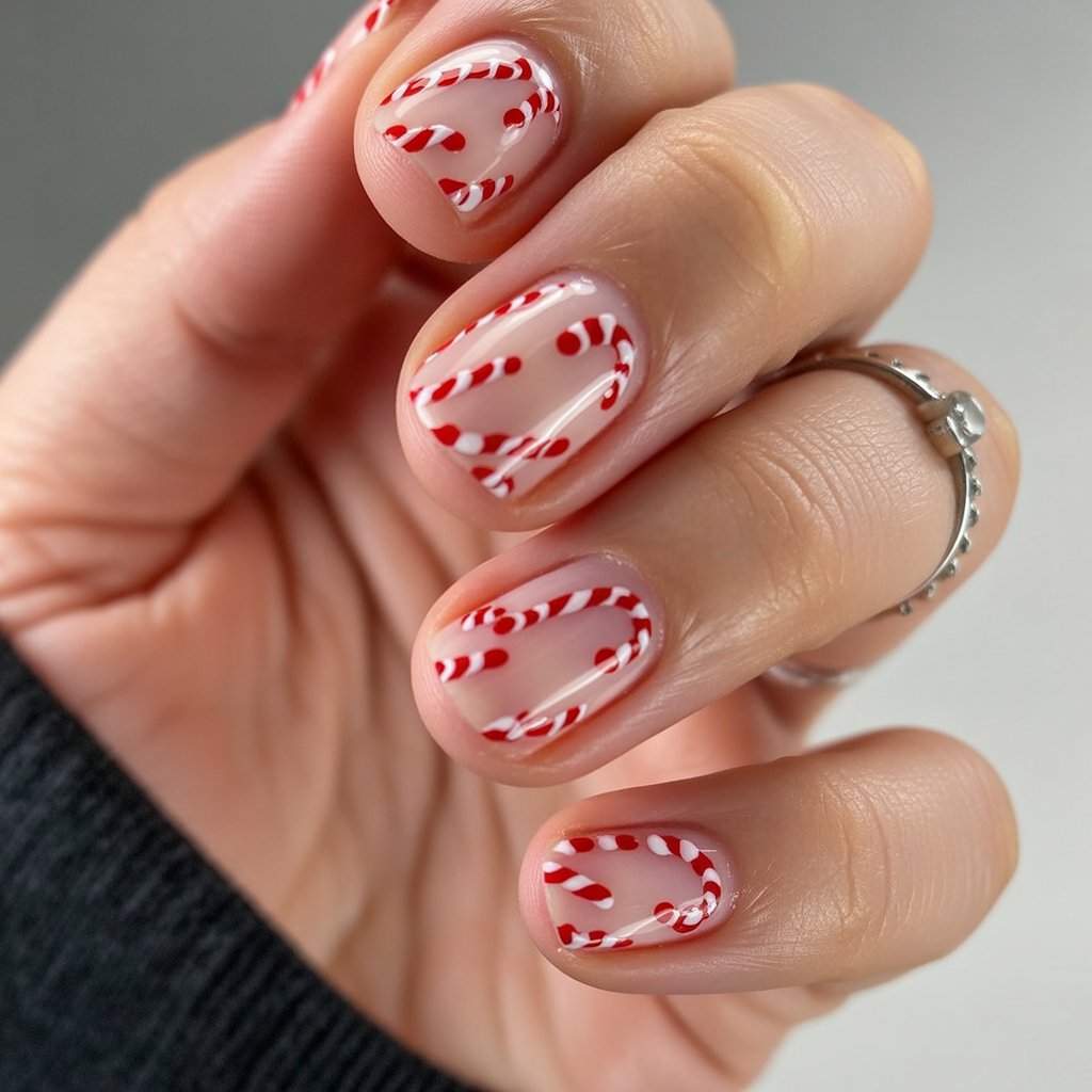 Sheer pink nails with red and white candy cane swirl nail art
