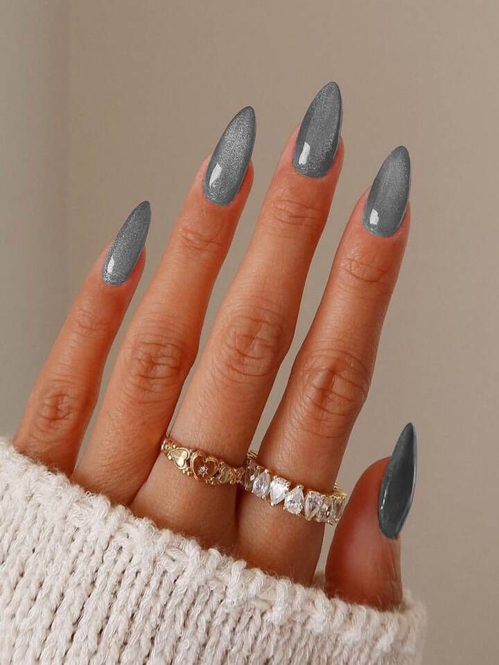 Slate Grey with Silver Sparkle: smoky grey shimmer on long almond nails