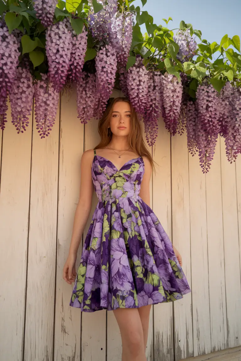 Woman in a purple floral mini sundress standing under wisteria