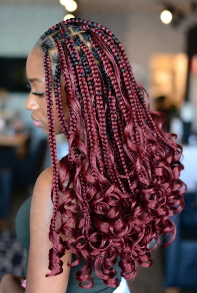 Burgundy feed-in braids with spiral curly ends