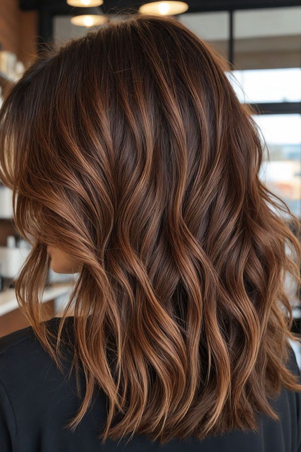 Chestnut Brown with Golden Face-Framing Highlights — winter hair color idea for brown eyes
