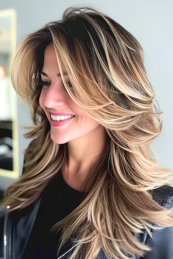 Long hair with curtain fringe and feathered layers