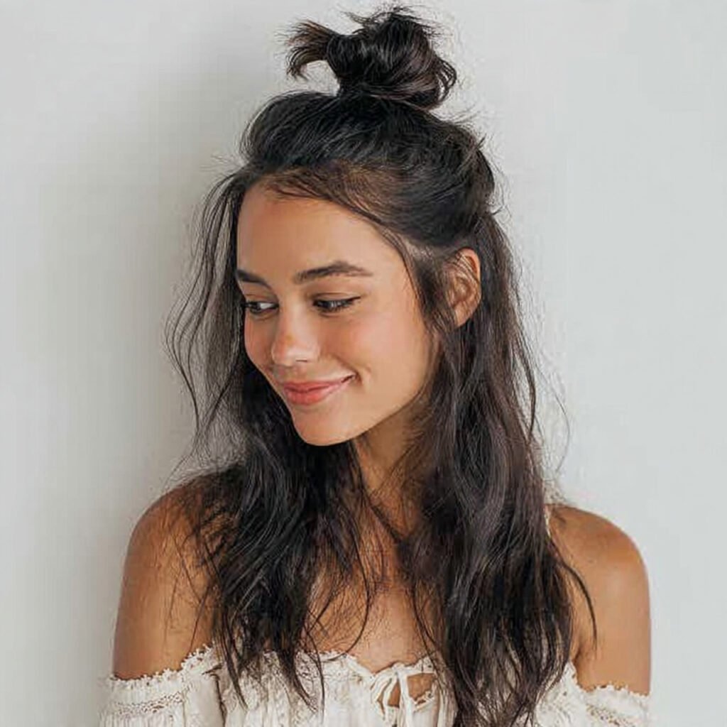 Half-up top knot with loose face-framing pieces on medium dark hair