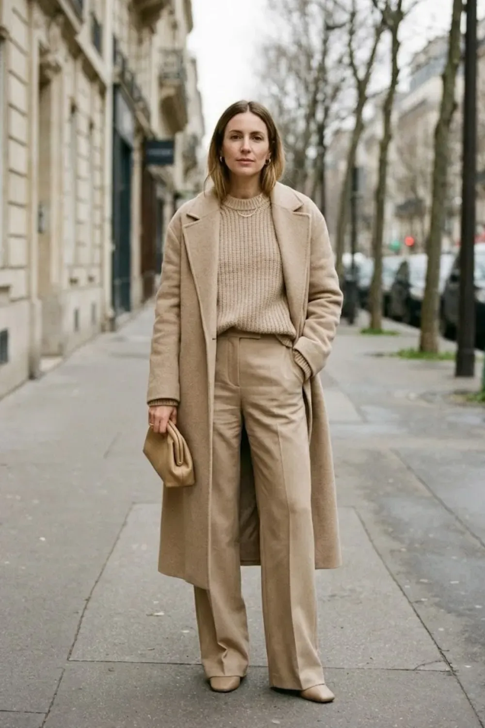 Woman in an all-beige knit sweater, tailored trousers and long camel coat