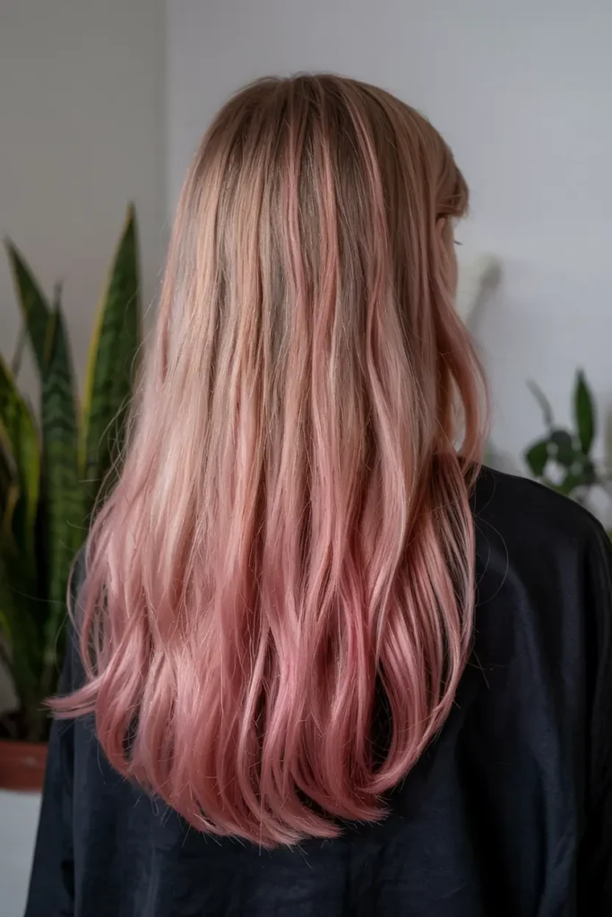 Vanilla blonde hair with a soft rose-pink gloss, long straight back view
