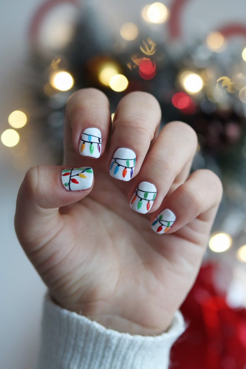 Kids nails with colorful Christmas light bulb nail art on neutral polish