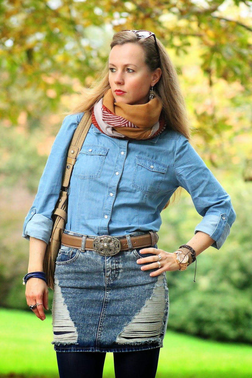 Chambray denim shirt styled with western boots