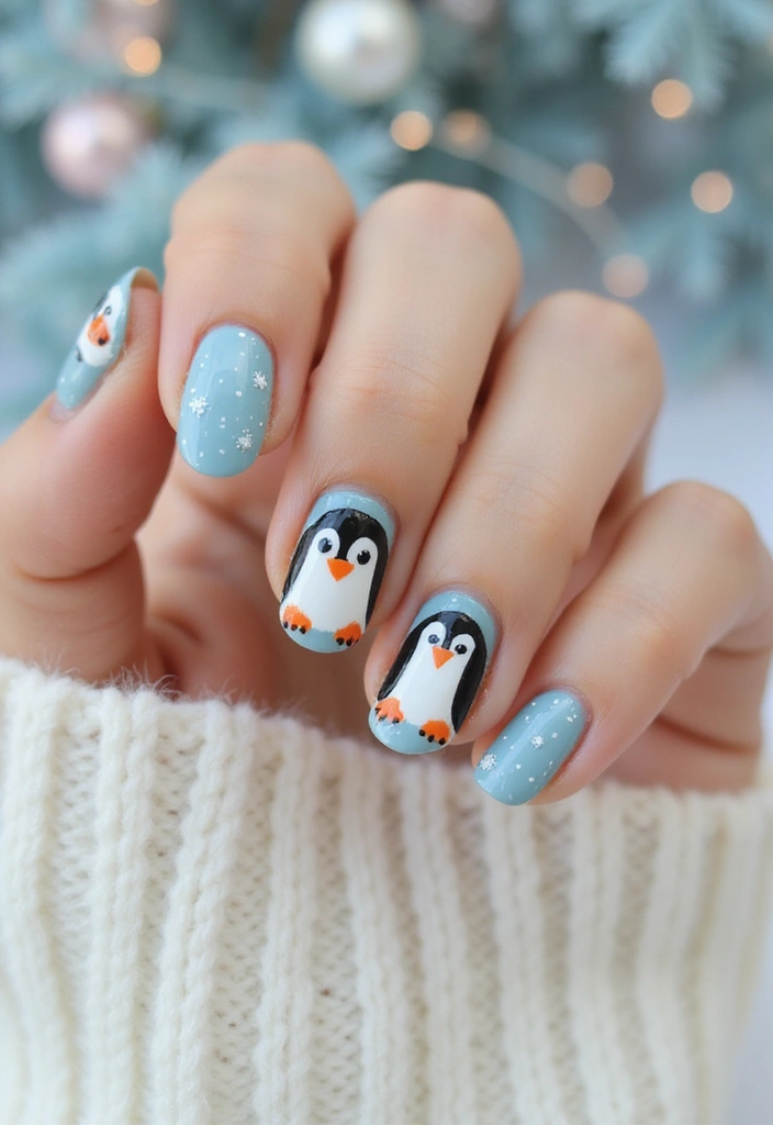 Playful penguin nail art on holiday nails