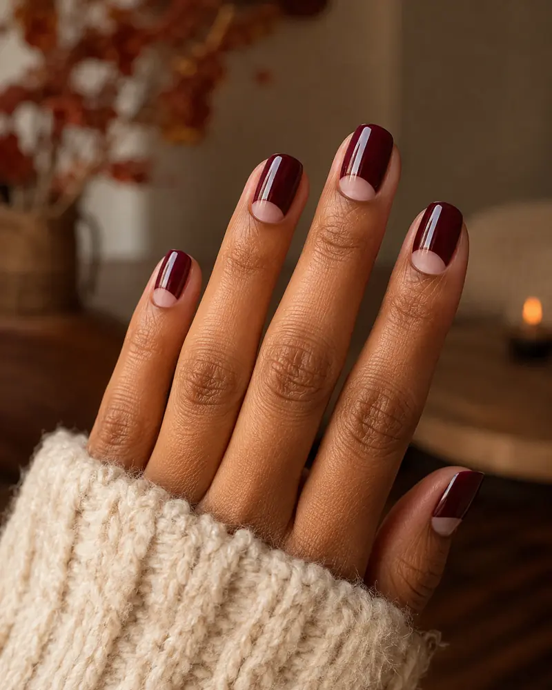 Burgundy oval nails with bare nude half-moon cuticle detailing