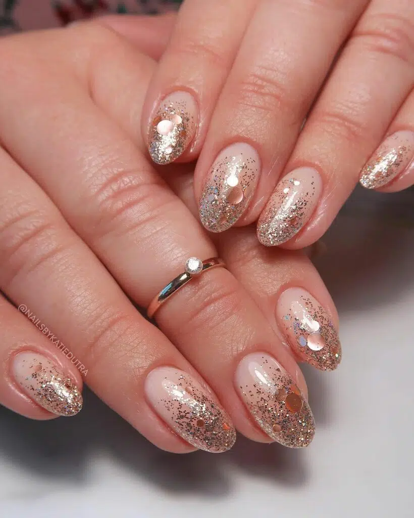 Rose Gold Glitter Ombré: pink base fading into rose-gold glitter at the tips