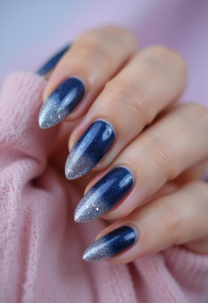 Almond nails fading from midnight navy at the base to shimmery silver glitter tips