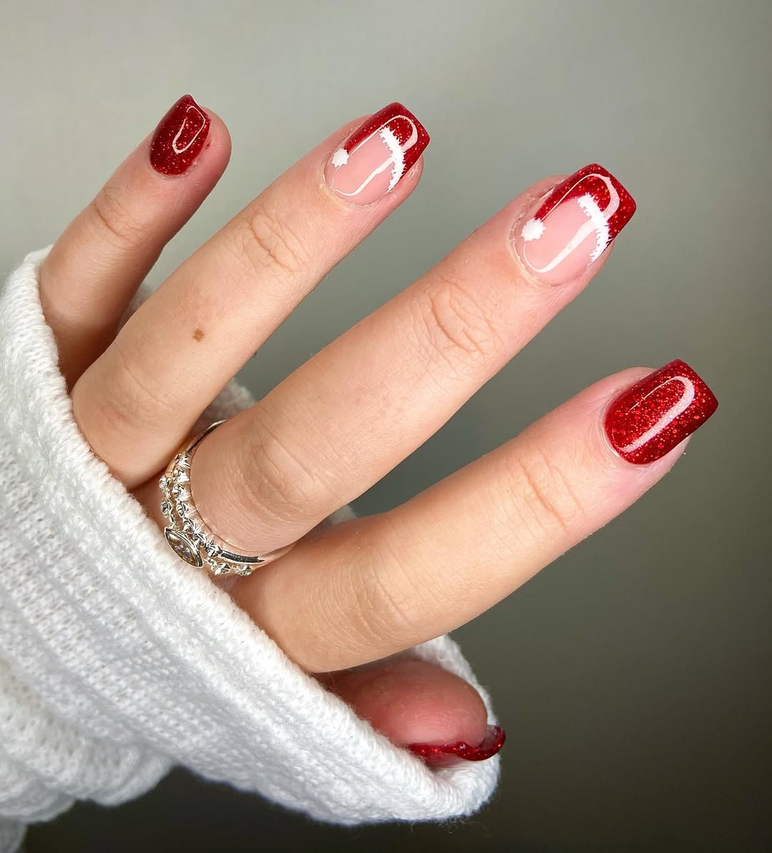 Red glitter short square nails with white bow line art