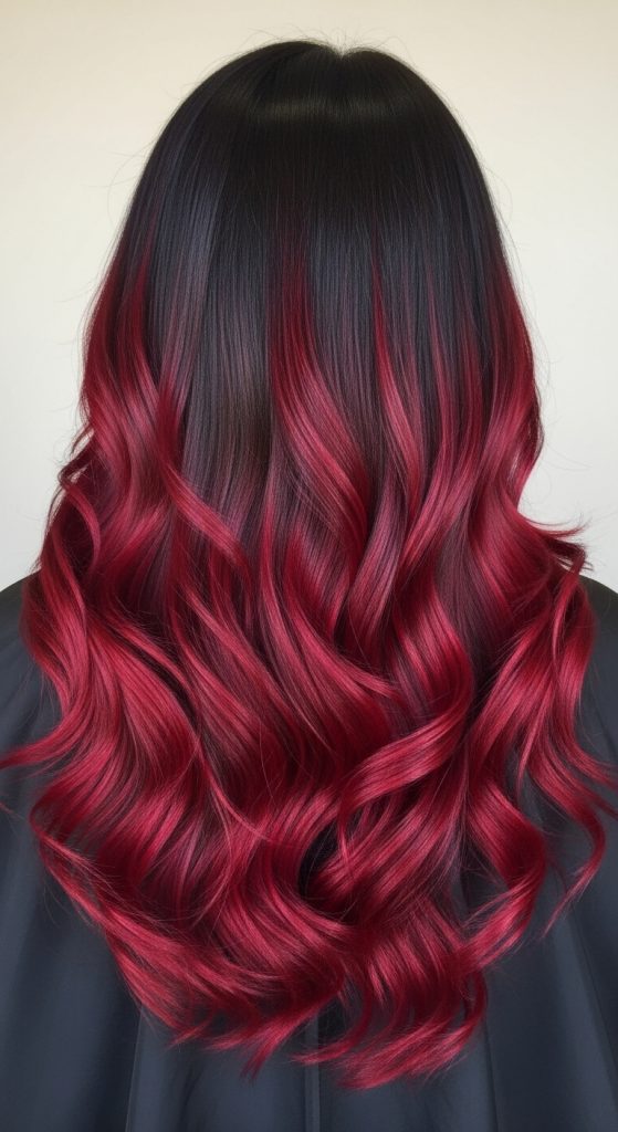 Black to cranberry red ombre on long wavy hair, back view