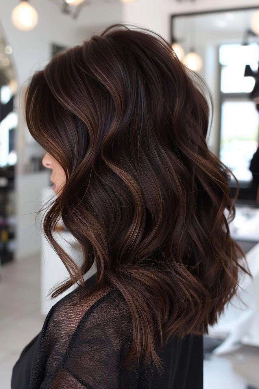 Glossy chocolate mocha brown hair at shoulder length