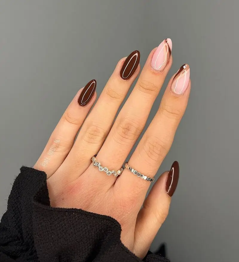 Long almond winter nails in glossy dark chocolate brown