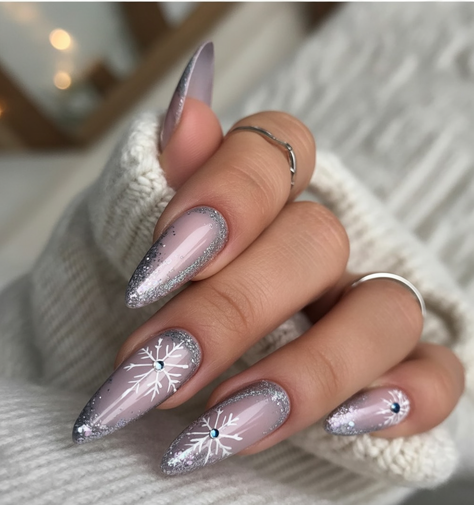 Silver shimmer nails with snowflake nail art