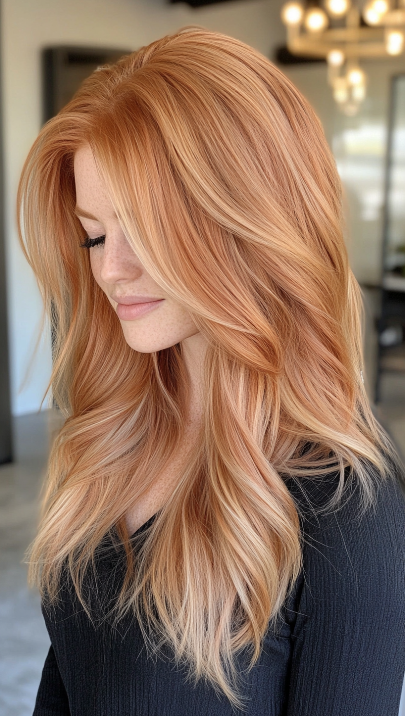Strawberry copper balayage on long wavy hair