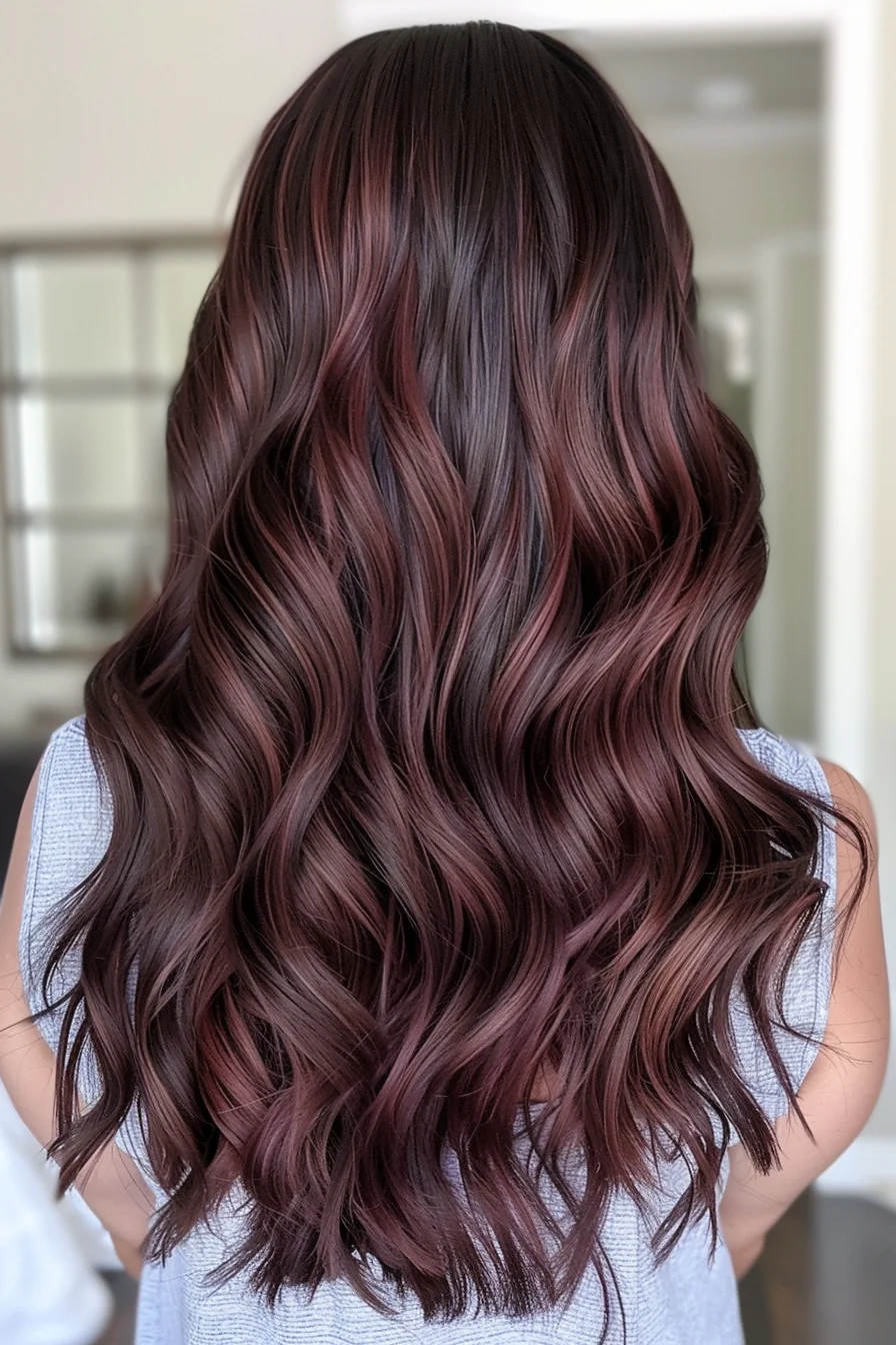 Burgundy brown balayage on dark hair