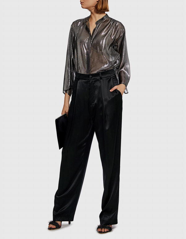 Silver metallic blouse with black palazzo trousers