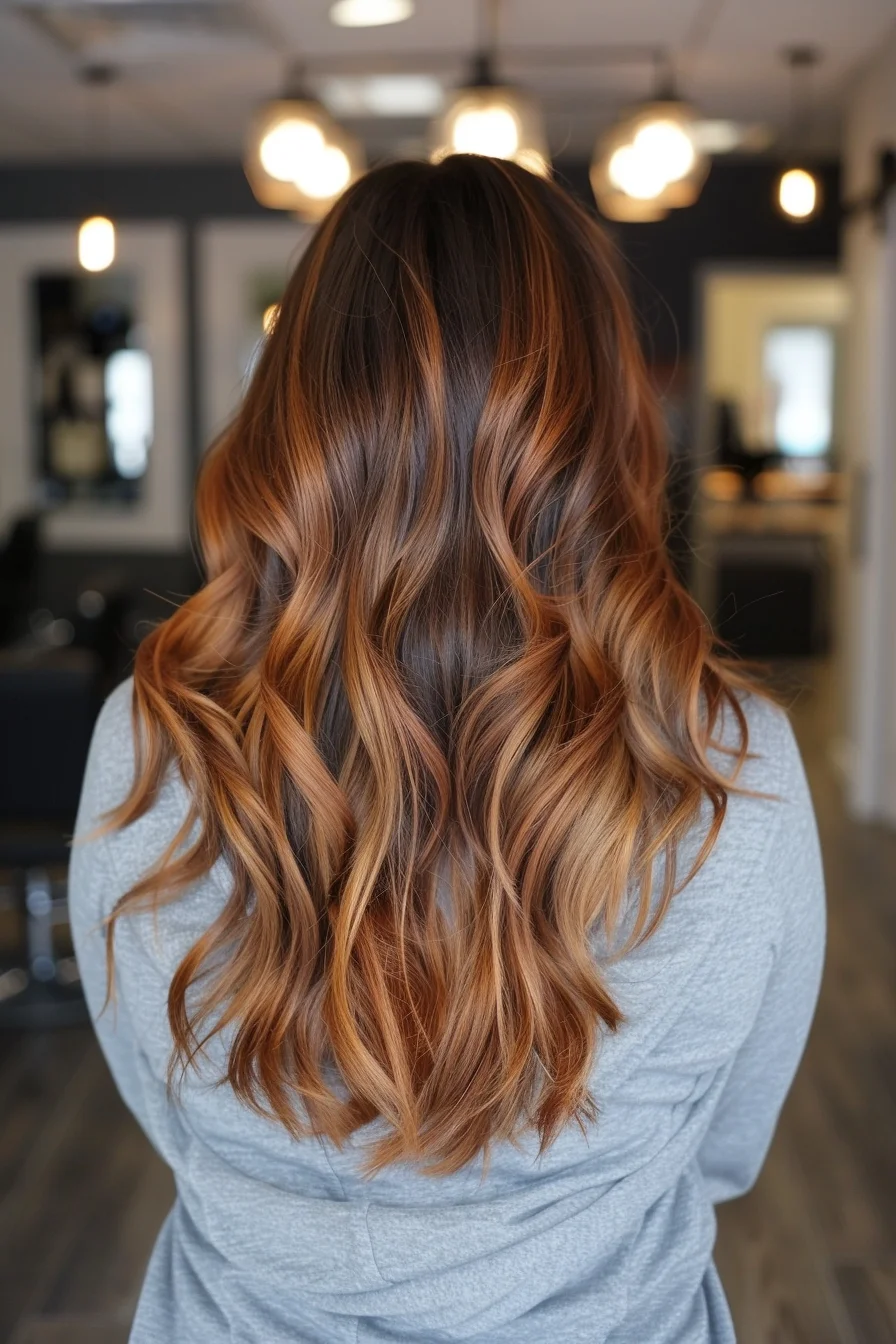 Dark brown hair with copper balayage ribbons