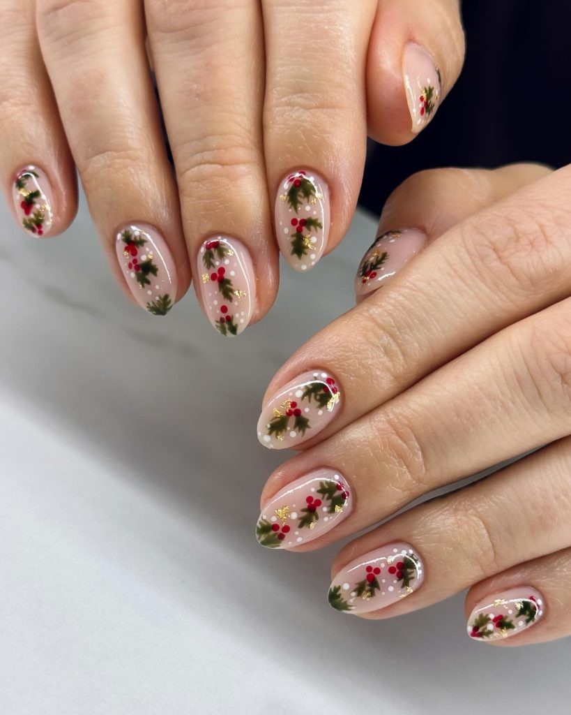 Short Christmas nails with holly berry art