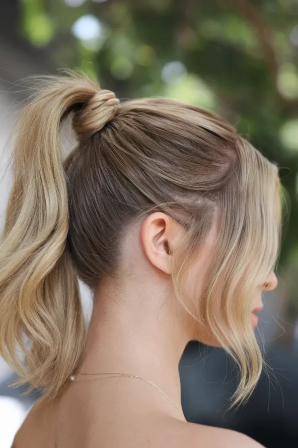 A sleek high ponytail with a wrapped base and soft front pieces