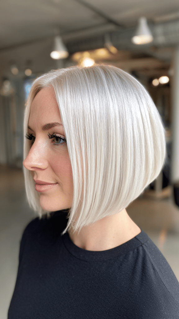 Icy platinum blonde A-line bob haircut