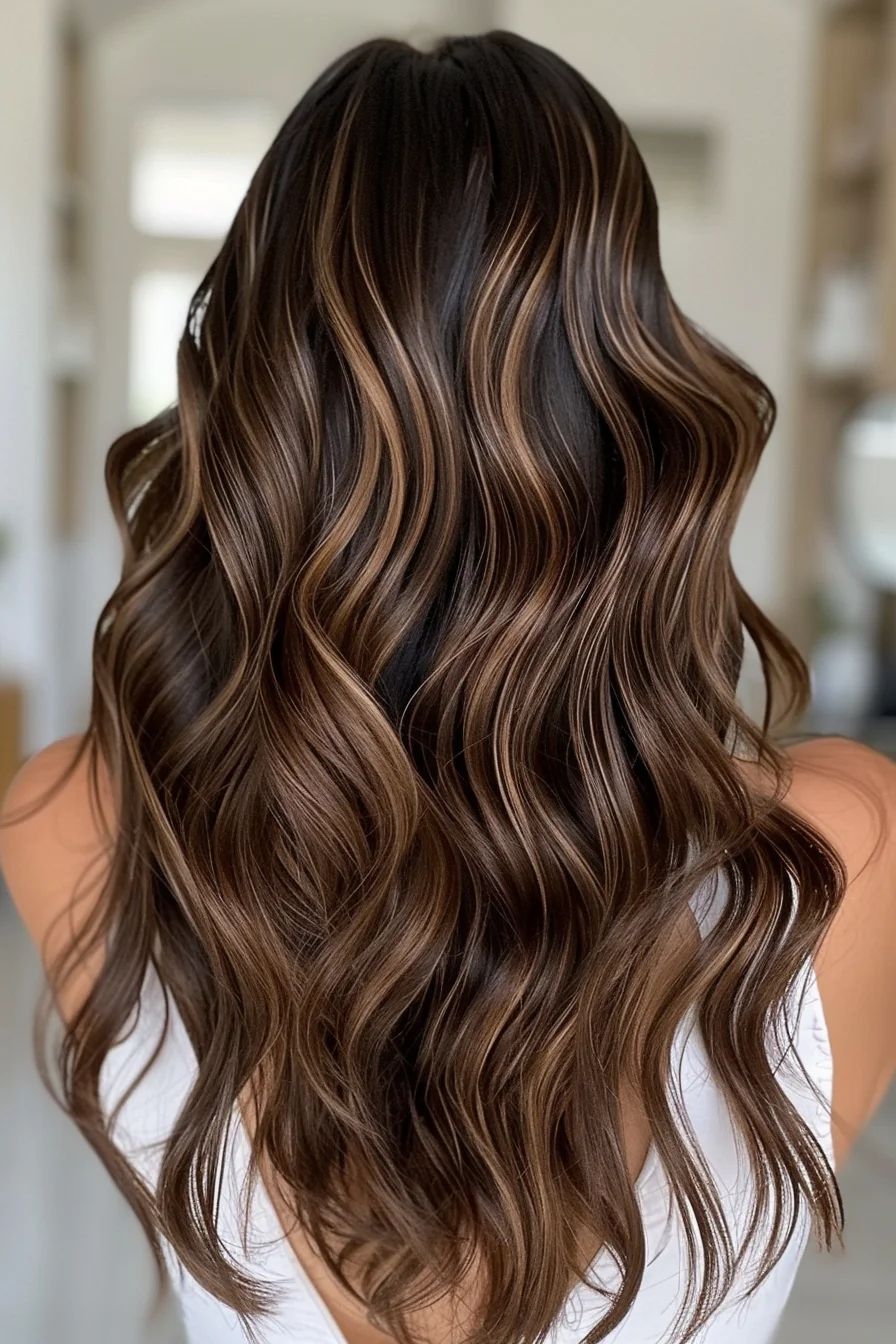Dark espresso hair with golden caramel ends