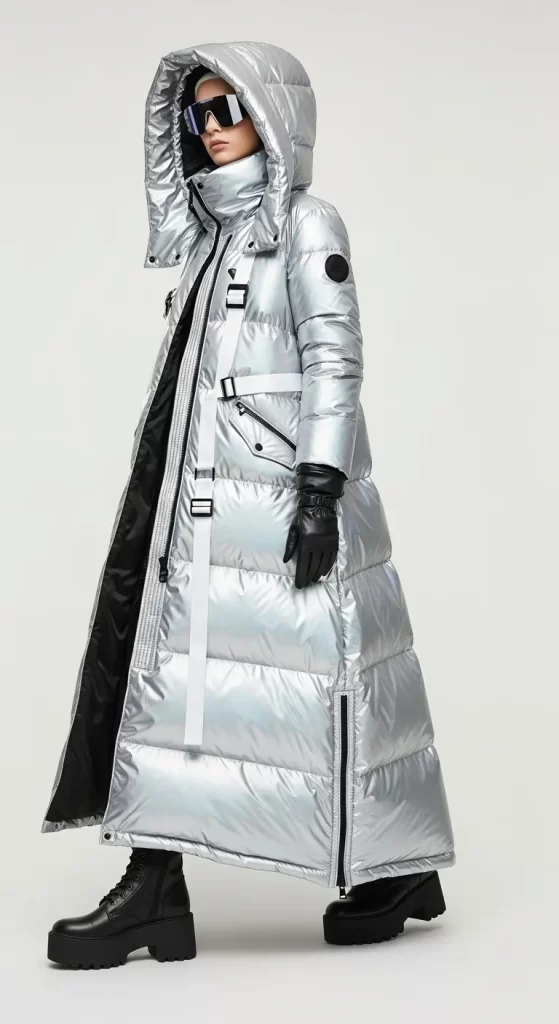 A woman wearing a glossy long puffer coat over a velvet dress