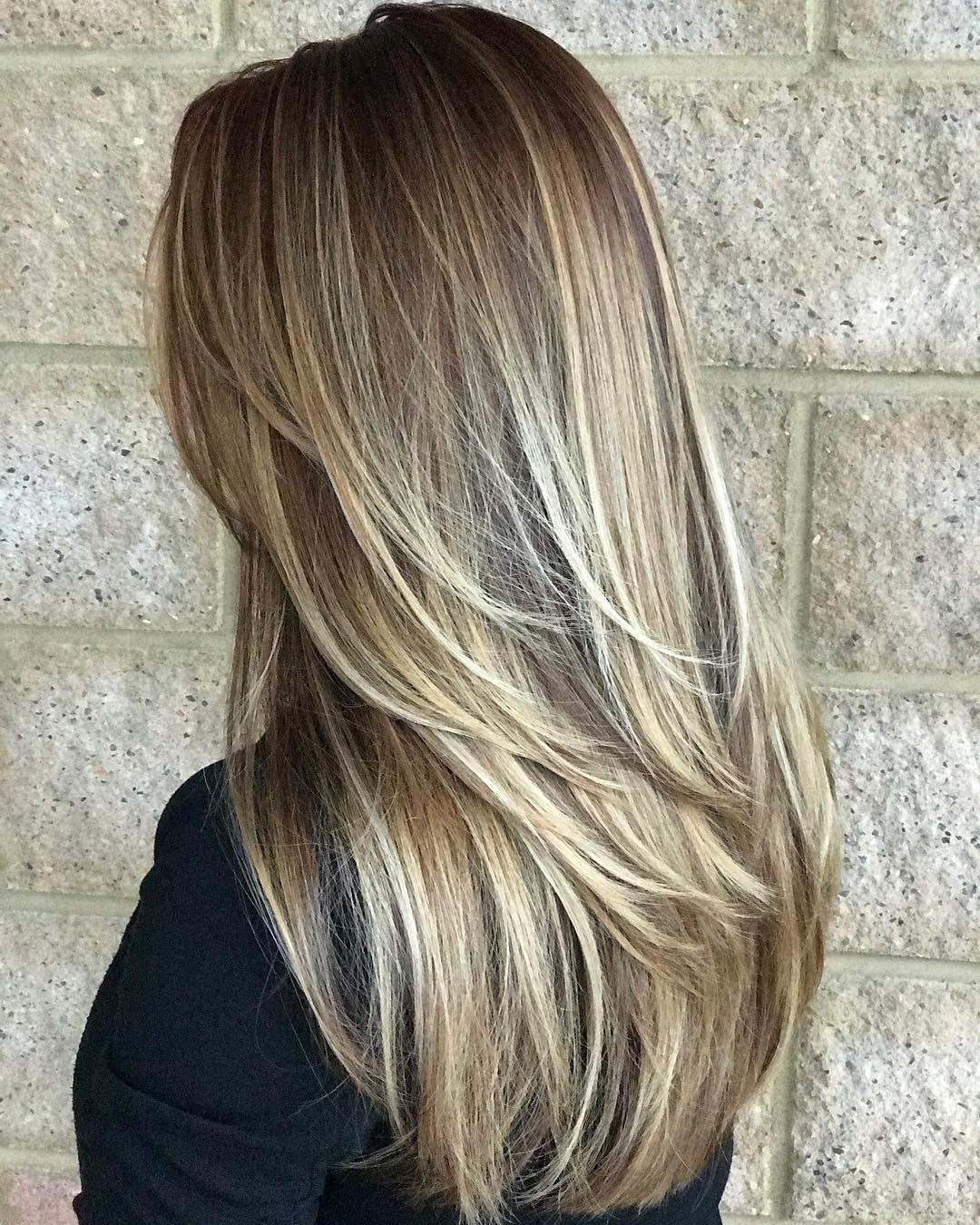 Back view of long hair with internal layers and balayage highlights