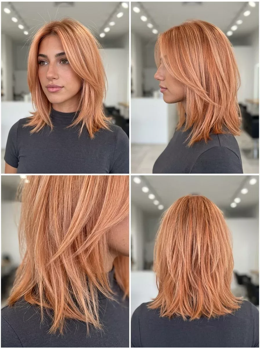 Copper lob haircut with curtain bangs