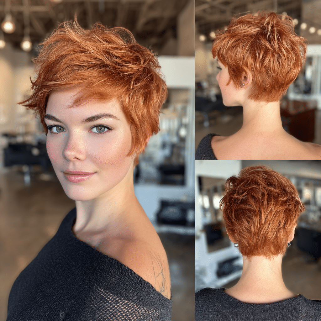 Copper red pixie haircut with textured layers