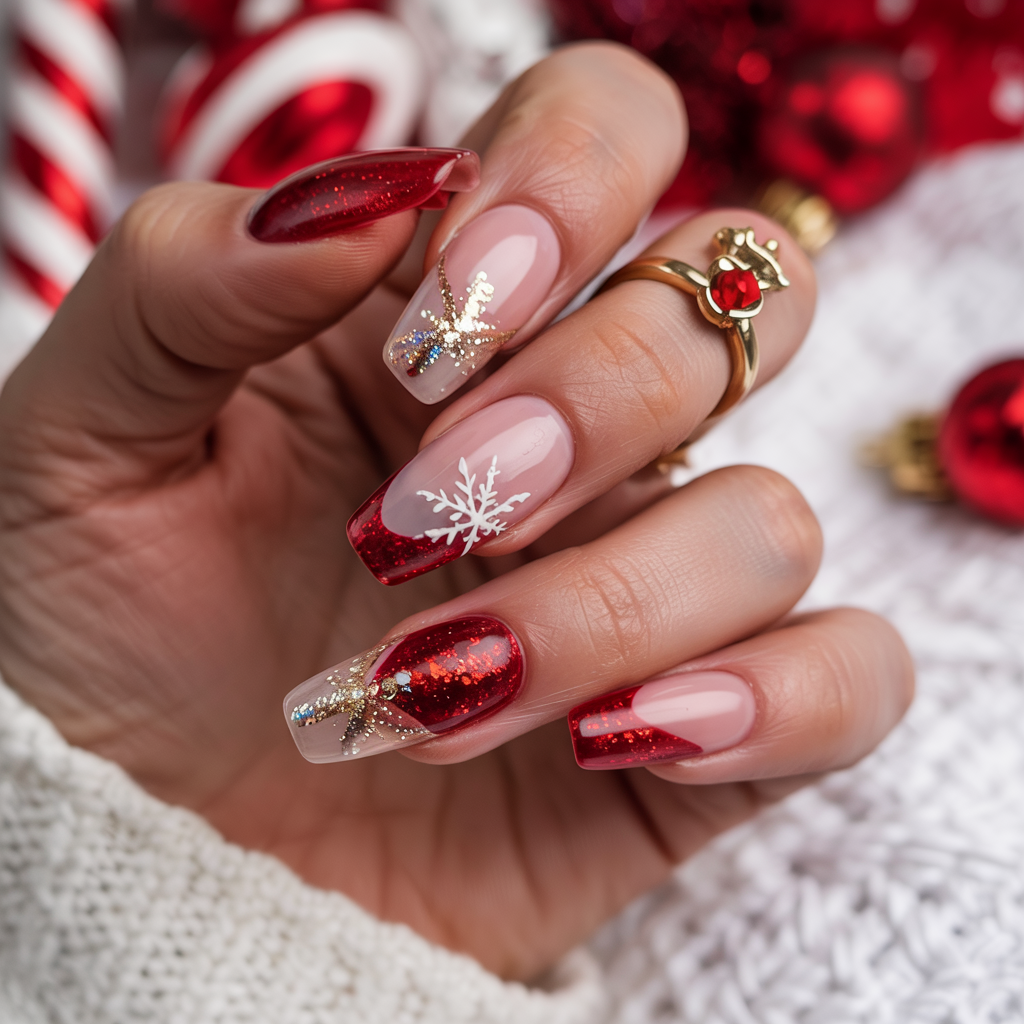 Medium almond nails with sheer pink base, red glitter French tips and snowflake accents