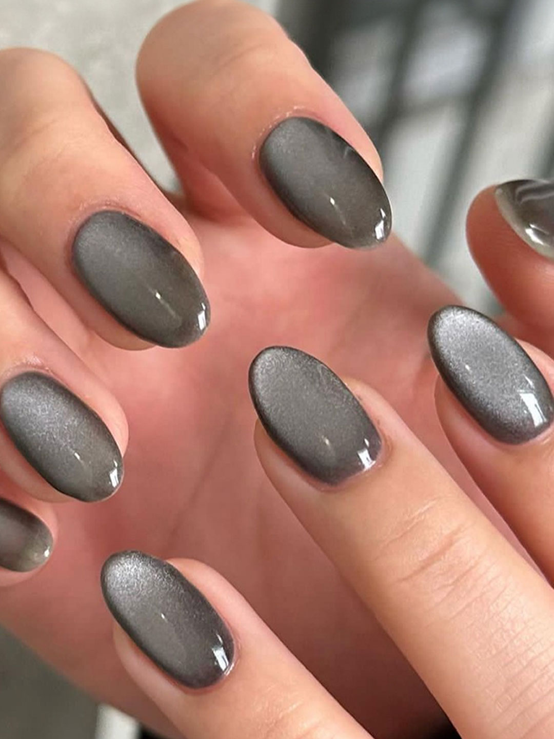 Pewter grey cat eye nails with metallic finish