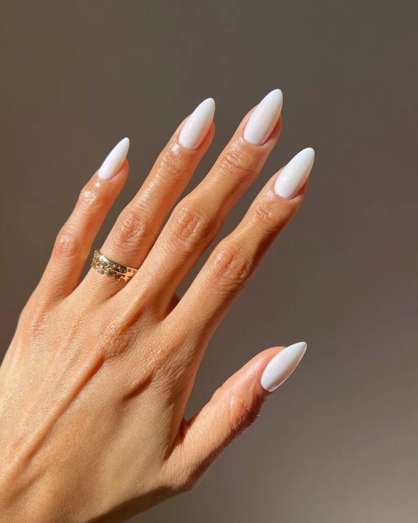 Almond nails in milky frosted white