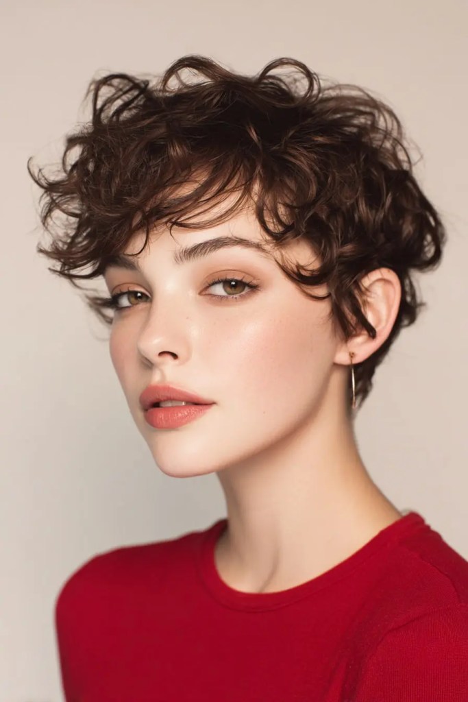 Curly pixie with defined curls on top and tapered sides