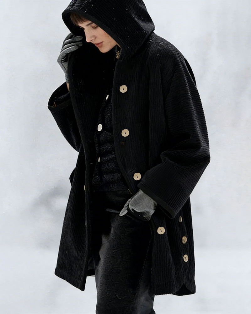 Woman in a black hooded coat with light buttons and gloves standing in the snow