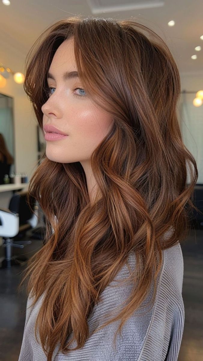 Cinnamon brown hair with warm spiced glow and soft layers